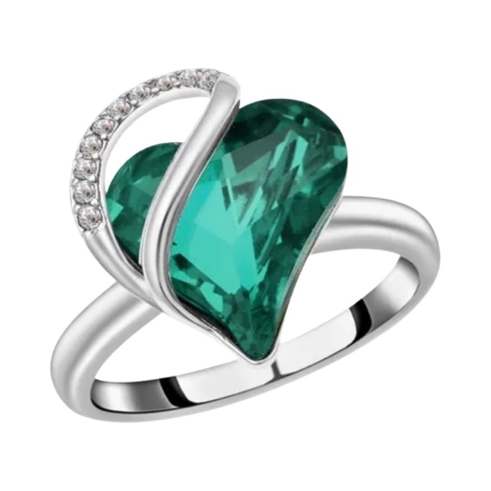 Green and White Austrian Crystal Heart Ring in Silvertone
